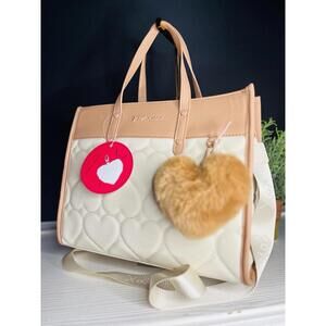 Betsey Johnson XO Becca Quilted Tote Satchel Beige & Cream Fuzzy Heart Charm NWT